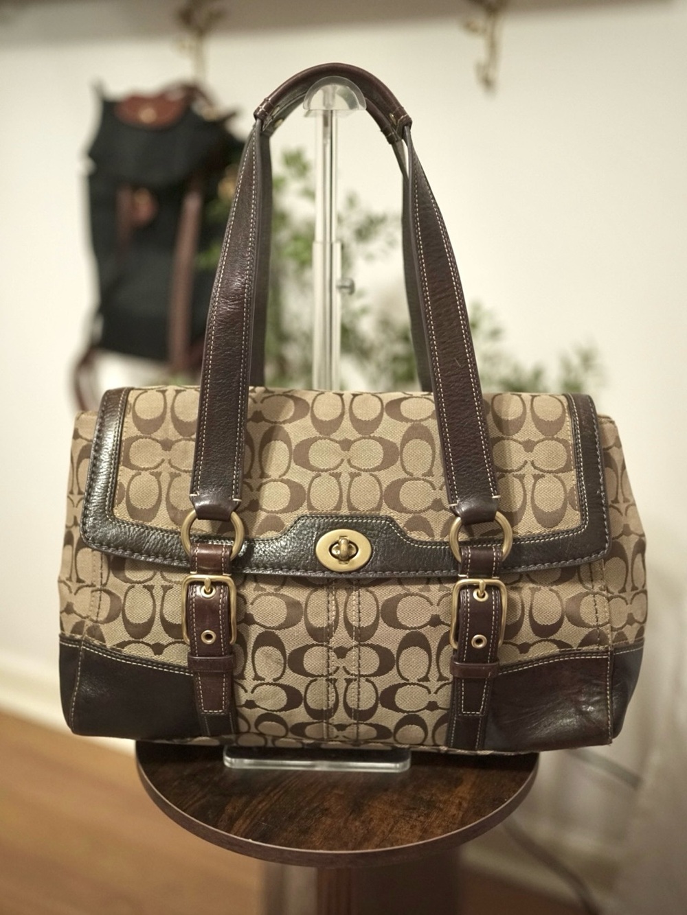 Vintage Y2K Era Coach Hampton Signature Flap Satchel in Beige Signature Canvas